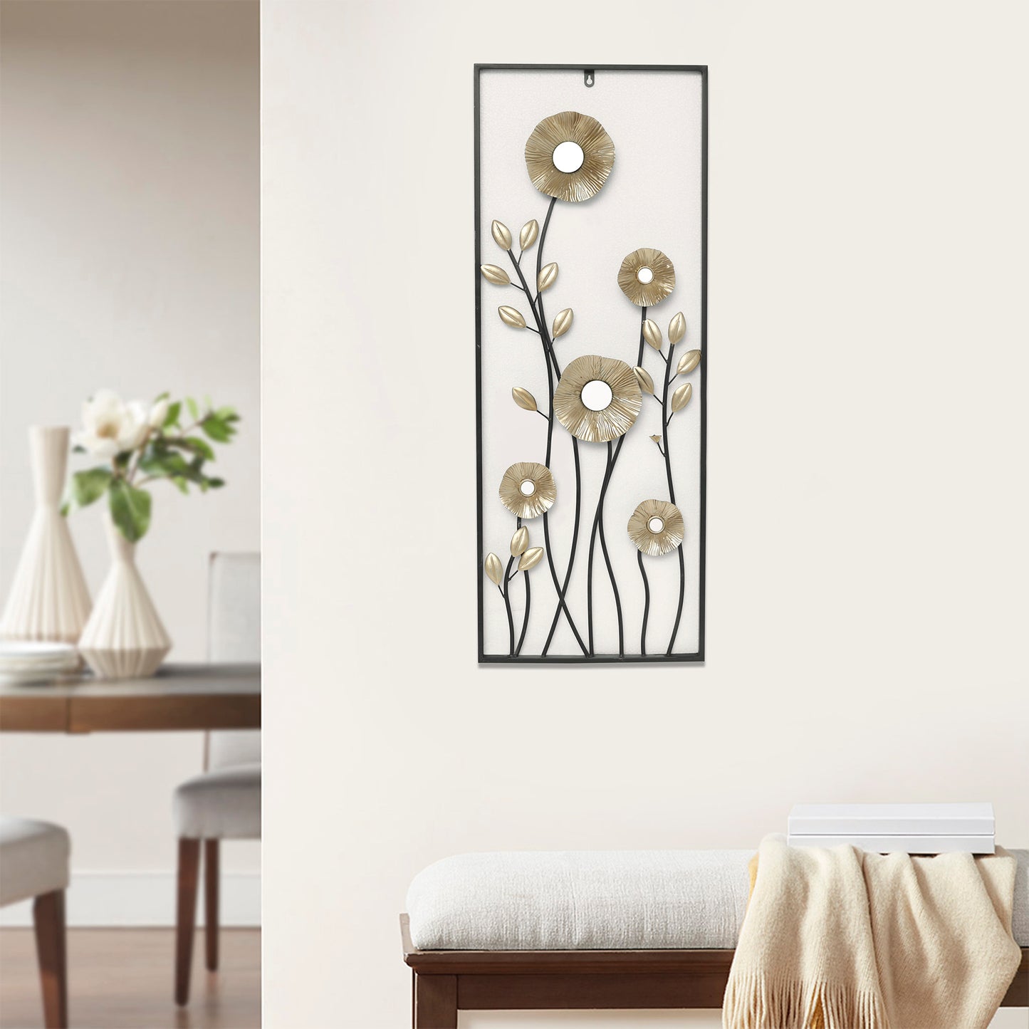 Haigopa 39.4" Metal Flower Leaf Wall Decor, Golden 3D Flower Luxury Living Room Wall Decor, Large Art Wall Sculptures Modern Wall Decor