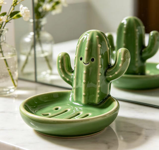 [PRE-ORDER 20% OFF]Haigopa Smile Cactus Ceramic Soap Tray with Drain - Unique Bathroom Accessories Decor, Aesthetic Housewarming Gift for Plant Lovers Ships in 60 Days