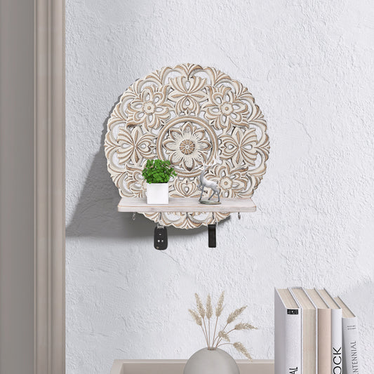 Round Mandala Key Holder for Wall - White Vintage Floral Key Holder with Hooks & Shelf - Farmhouse Decorative Entryway Organizer for Keys, Masks & Mail - Rustic Boho Wall Decor