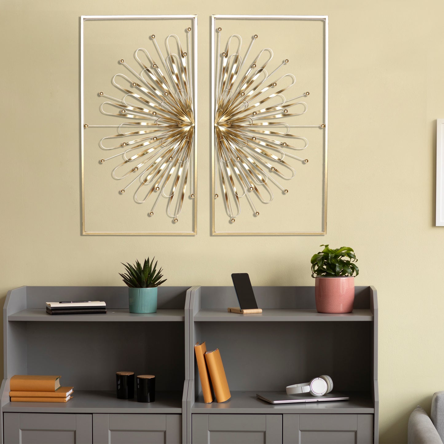 Haigopa 2 Pcs 31.5" Gold Wall Decor, Modern Art Luxury Home Wall Decoration, Wall Sculptures for Living Room Home with Frame
