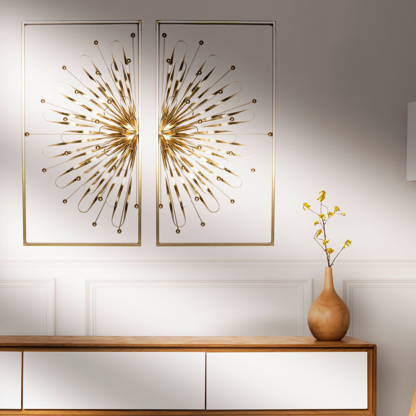 Haigopa 2 Pcs 31.5" Gold Wall Decor, Modern Art Luxury Home Wall Decoration, Wall Sculptures for Living Room Home with Frame
