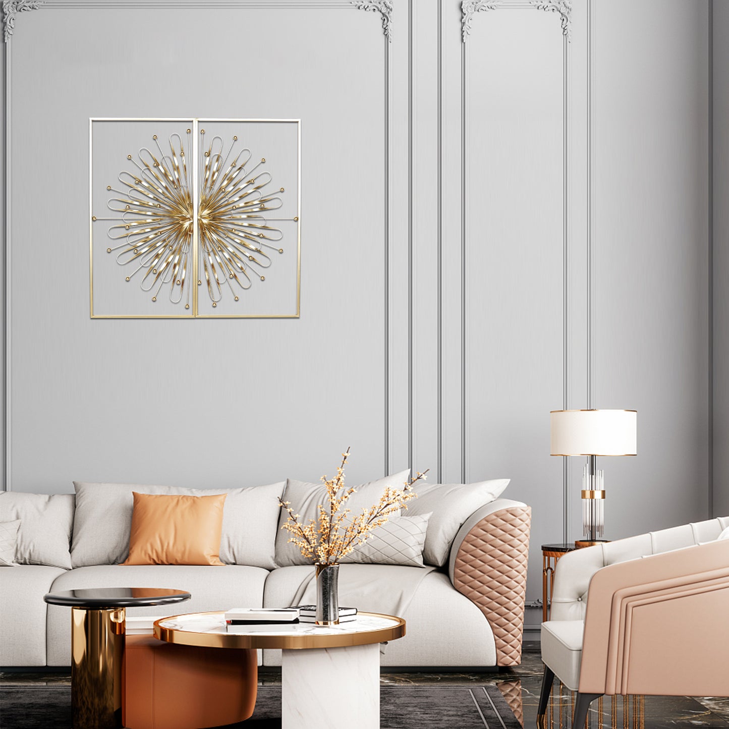 Haigopa 2 Pcs 31.5" Gold Wall Decor, Modern Art Luxury Home Wall Decoration, Wall Sculptures for Living Room Home with Frame