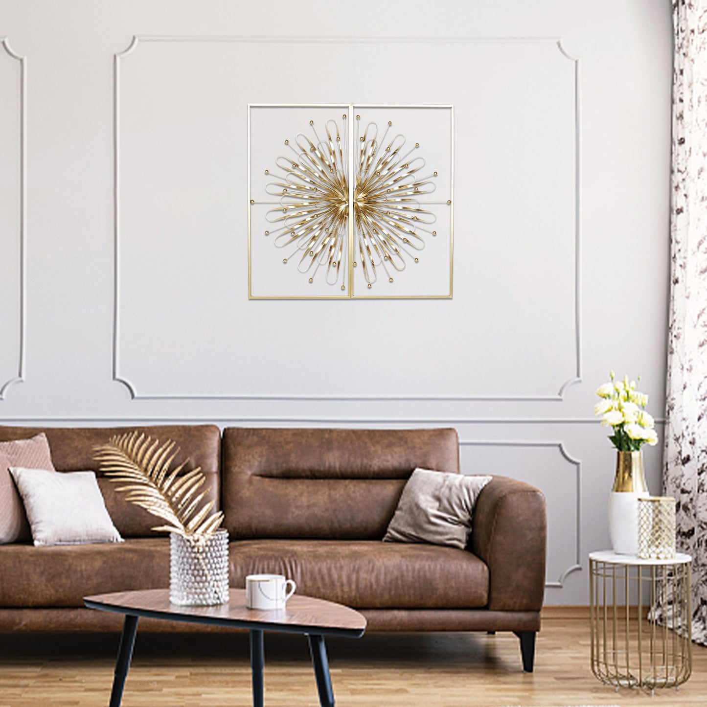 Haigopa 2 Pcs 31.5" Gold Wall Decor, Modern Art Luxury Home Wall Decoration, Wall Sculptures for Living Room Home with Frame