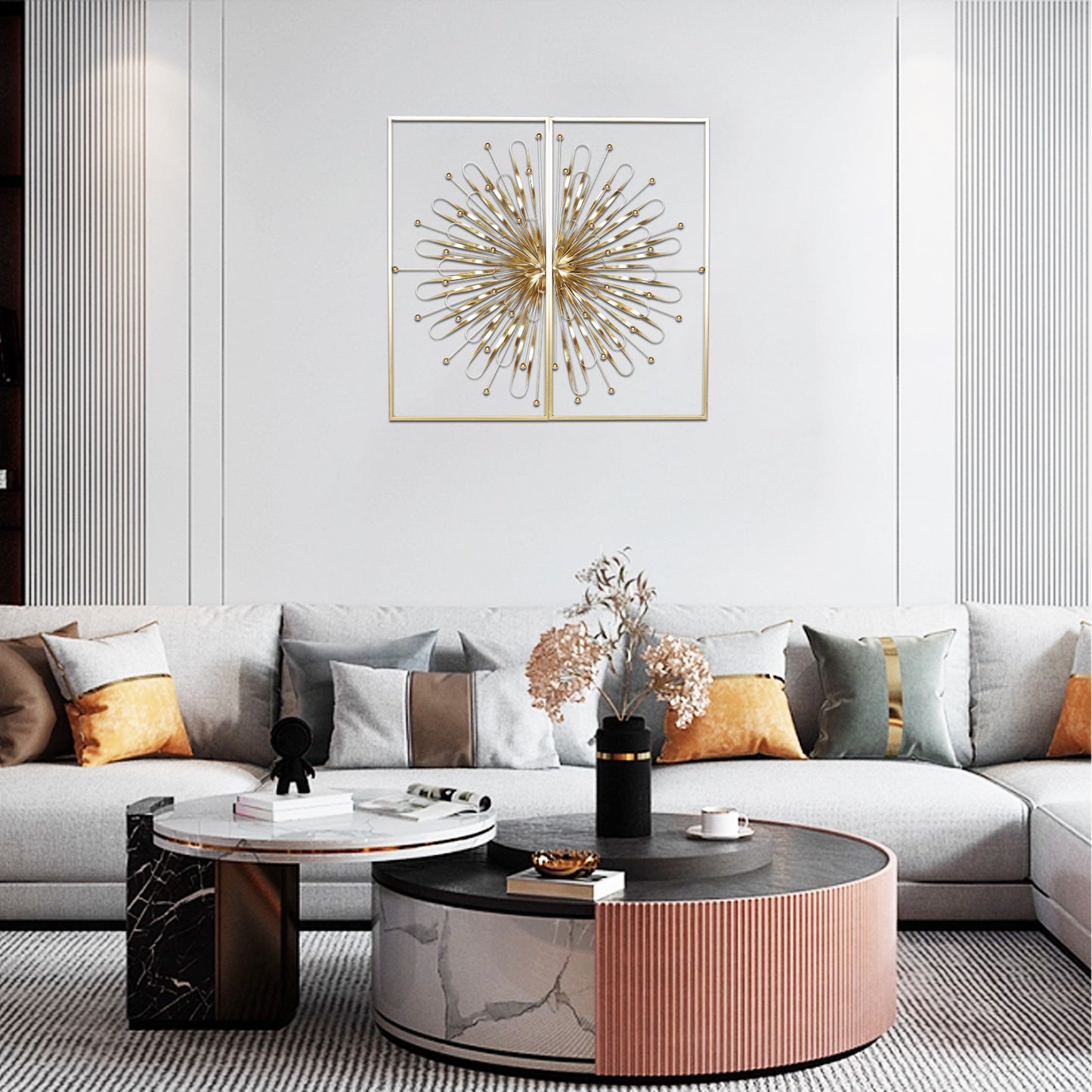 Haigopa 2 Pcs 31.5" Gold Wall Decor, Modern Art Luxury Home Wall Decoration, Wall Sculptures for Living Room Home with Frame